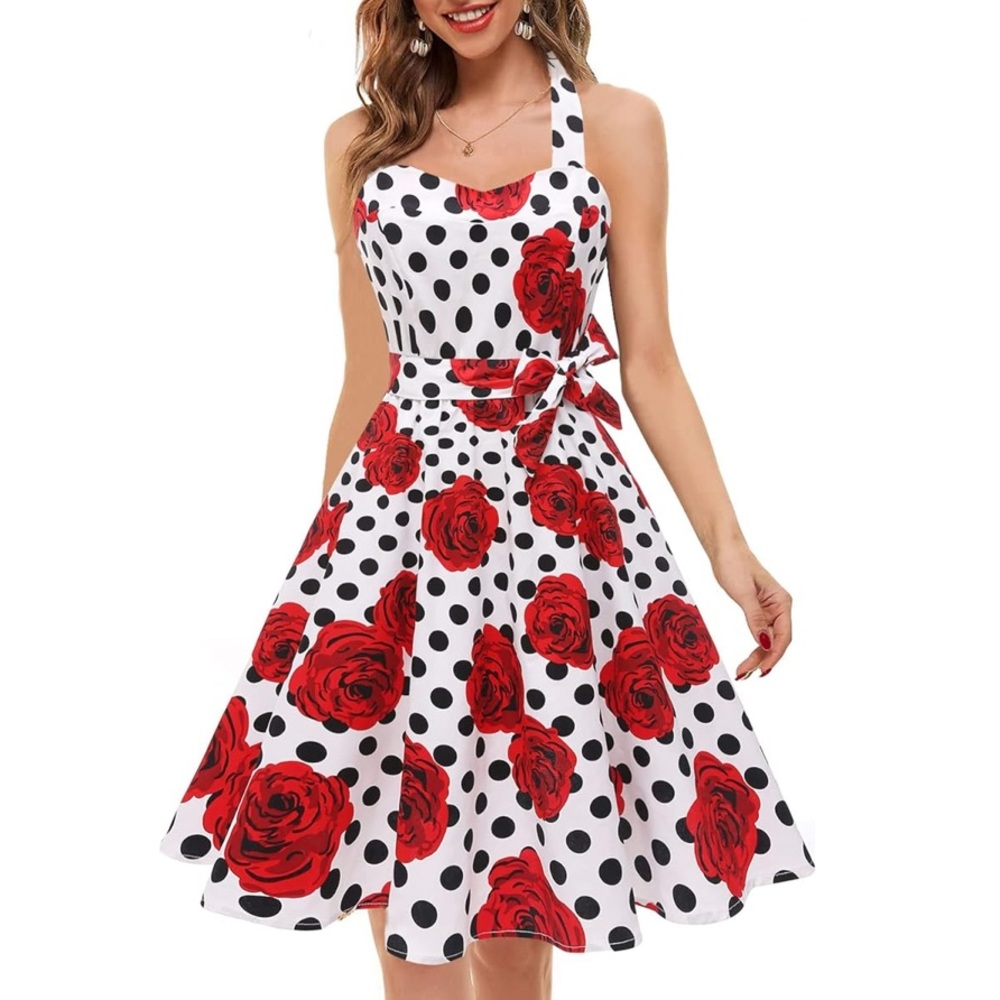 Topdress Women’s Vintage Polka Audrey Dress 1950s Halter Retro Cocktail Dress